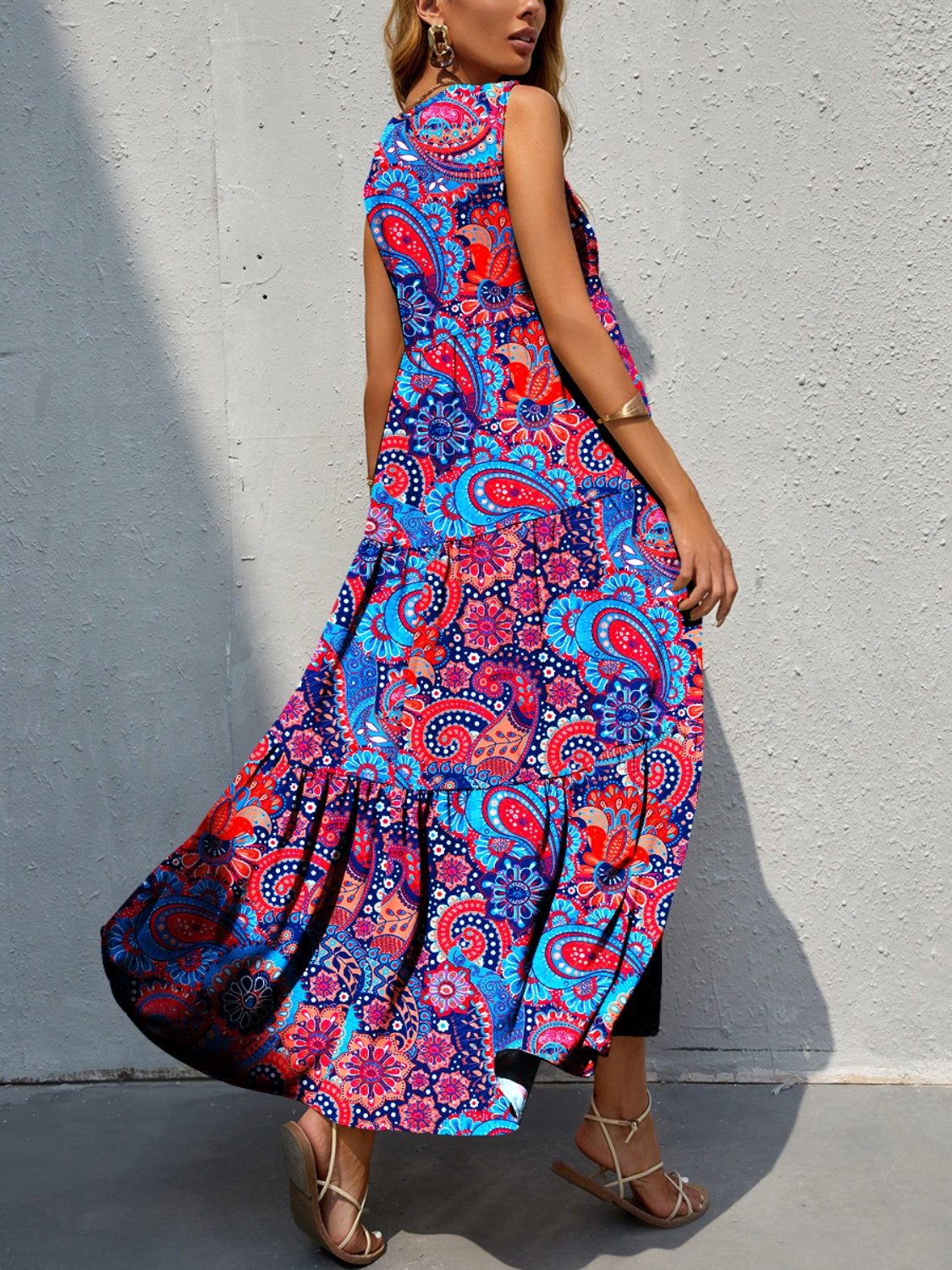 Tiered Printed V-Neck Sleeveless Dress